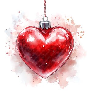 12 clipart de aquarela de bulbo de coração de Natal, imagens JPG de clipart de aquarela de alta qualidade para impressão, festivo, cartão de Natal em forma de coração