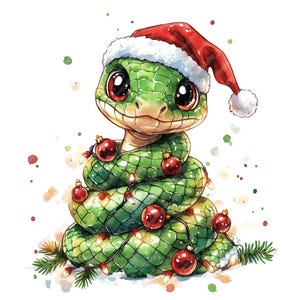 11 söta akvarellbilder med julgransormar, utskrivbara högkvalitativa clipart-bilder med julormar i JPG-format, söt orm som julgran