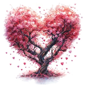 9 Clipart de aquarela de coração de árvore de flor de cerejeira, imagens JPG de coroa de coração floral de sakura em aquarela de alta qualidade para impressão, cartão de dia dos namorados