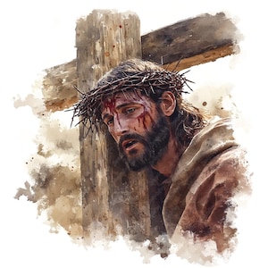 13 Jesus Christus Aquarell Clipart, druckbare hochwertige Jesus trägt das Kreuz Aquarell Clipart JPG-Bilder, religiöse Ostern Clipart