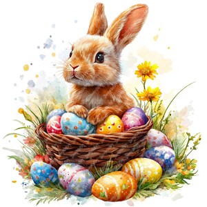 14 Osterhase im Korb Aquarell Clipart, druckbare hochwertige Aquarell Blumen Ostern Clipart JPG Bilder Ostereier Frühling Clipart
