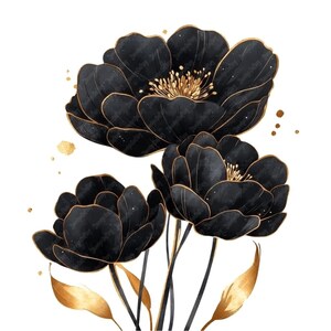 14 zwarte en gouden bloemen aquarel clipart, afdrukbare hoge kwaliteit aquarel clipart jpg-afbeeldingen, afdrukbare clipart, Floral Wall Art Decor