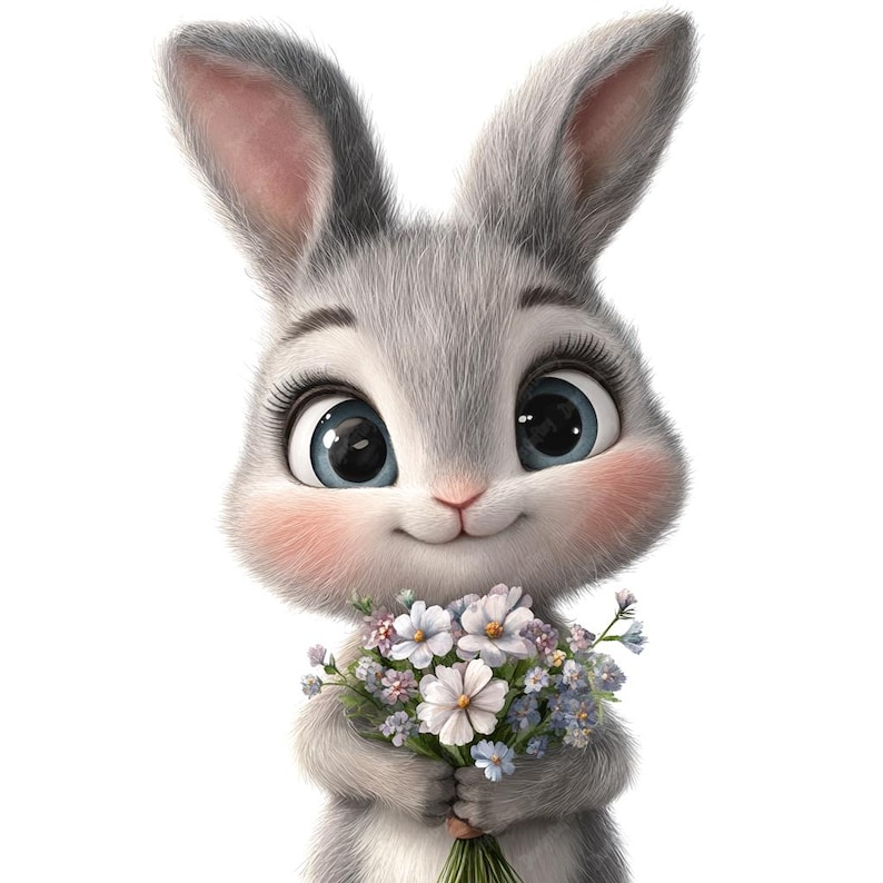 May include: A cute cartoon bunny rabbit with gray fur and big blue eyes holds a bouquet of purple and white flowers.
