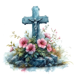10 Blumenkreuz Aquarell Clipart, druckbare hochwertige christliche Heilige Kreuz Aquarell Clipart JPG-Bilder, Vergissmeinnicht Grabkreuz