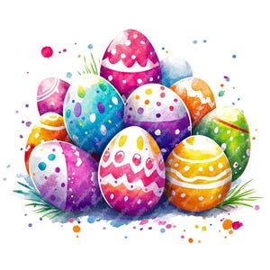 14 Colorful Easter Eggs Watercolor Clipart, Printable High Quality Watercolor Easter Egg Clipart JPG Images, Cute Easter Card Spring Clipart