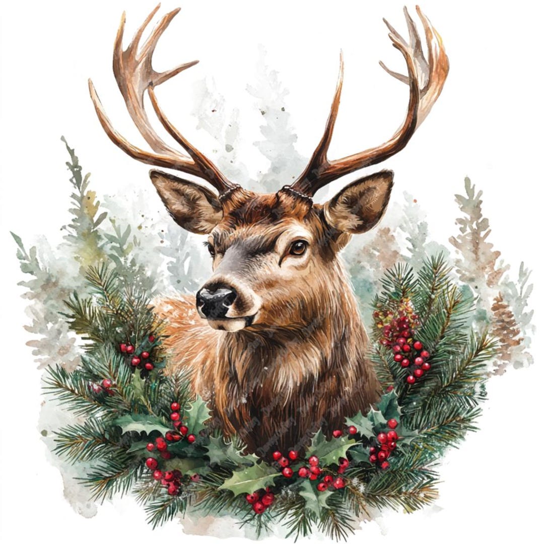 13 Cute Christmas Deer Watercolor Clipart, Printable High Quality ...