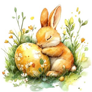 13 Floral Easter Bunny and Egg Watercolor Clipart, Printable High Quality Watercolor Rabbit Clipart JPG Images, Easter Card Spring Clipart