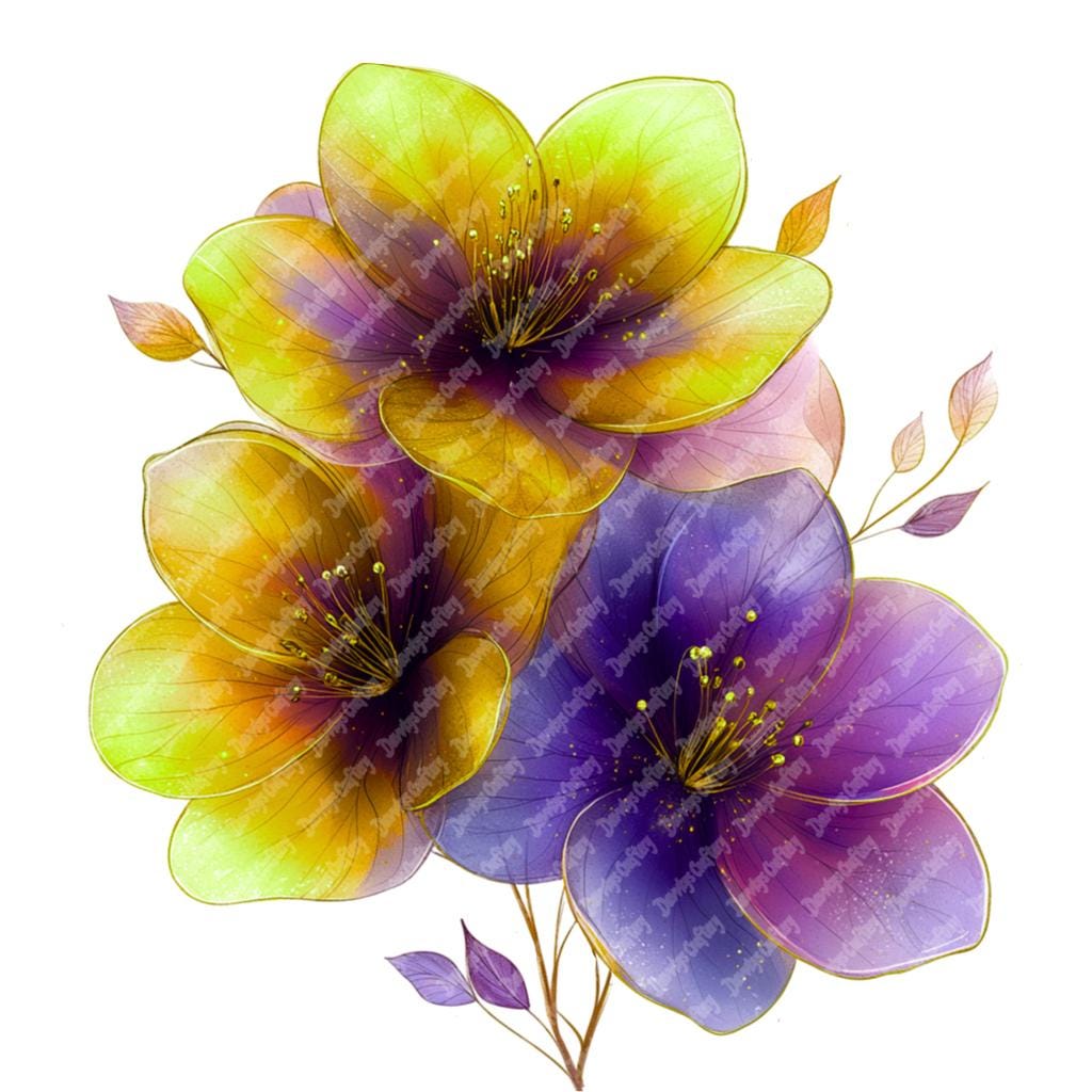 紫と黄色の花の油彩画 16 黄色と紫の花の水彩画クリップアート、印刷可能な高品質の水彩画の
