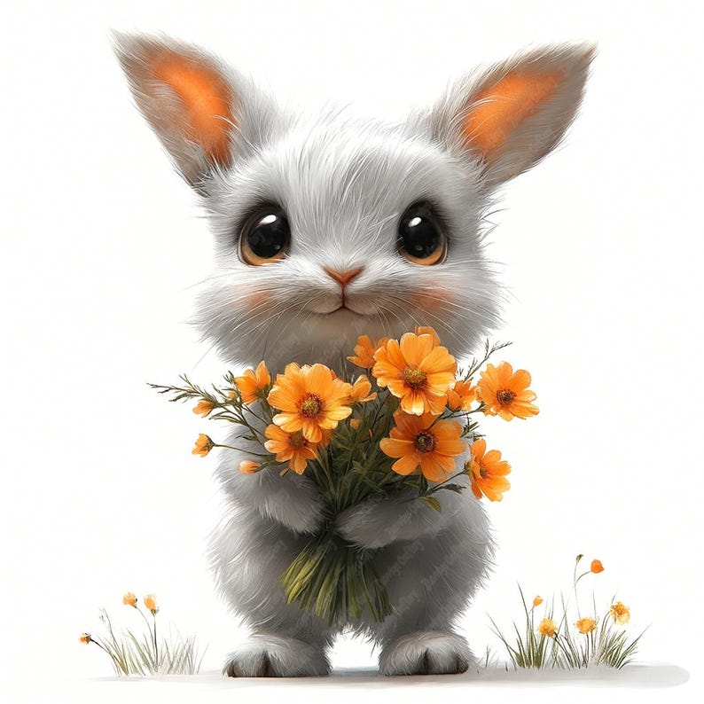 May include: A white bunny with large, dark eyes holds a bouquet of orange and yellow flowers. The bunny is smiling and looking at the viewer.