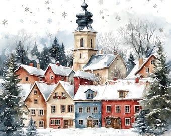 May include: Watercolor painting of a snow-covered village with a church tower topped with a red star. The village features colorful houses with snow-covered roofs, surrounded by evergreen trees and falling snowflakes. A winter holiday scene.