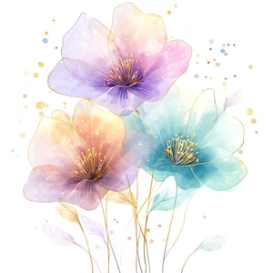14 imágenes prediseñadas de acuarela de varias flores de colores, imágenes prediseñadas de flores de acuarela de alta calidad imprimibles en formato JPG, decoración de pared floral imprimible