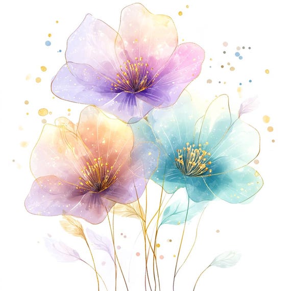 水彩画の花のクリップアート、印刷可能な花の画像（デジタル
