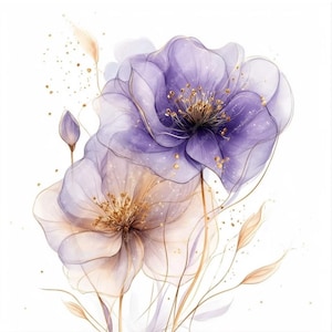 10 Lila und Gold Blumen Aquarell Clipart, druckbare hochwertige Aquarell Blume Clipart JPG-Bilder, druckbare Clipart, Wandkunst
