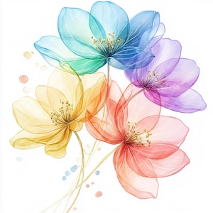 10 flores arco-íris aquarela clipart, imagens JPG de clipart de flores coloridas em aquarela de alta qualidade para impressão, decoração de parede floral para impressão