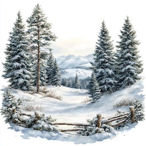7 Winter Wonderland landschap aquarel clipart, afdrukbare hoge kwaliteit aquarel clipart jpg-afbeeldingen, digitale download afdrukbare clipart