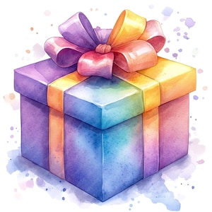 12 imágenes prediseñadas de acuarela de regalos navideños coloridos, imágenes prediseñadas de acuarela de caja de regalo envuelta de alta calidad para imprimir, imágenes prediseñadas festivas de Navidad