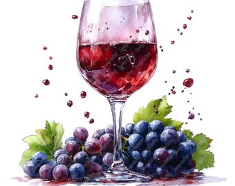 Red Wine and Grapes Watercolor Clipart, JPG Images (Digital Download)