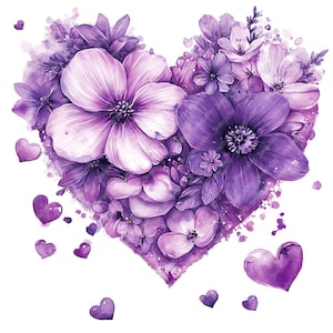10 imágenes prediseñadas de acuarela de corazón de flor morada, imágenes prediseñadas de corazón morado de acuarela de alta calidad para imprimir en formato JPG, corazón floral del día de San Valentín