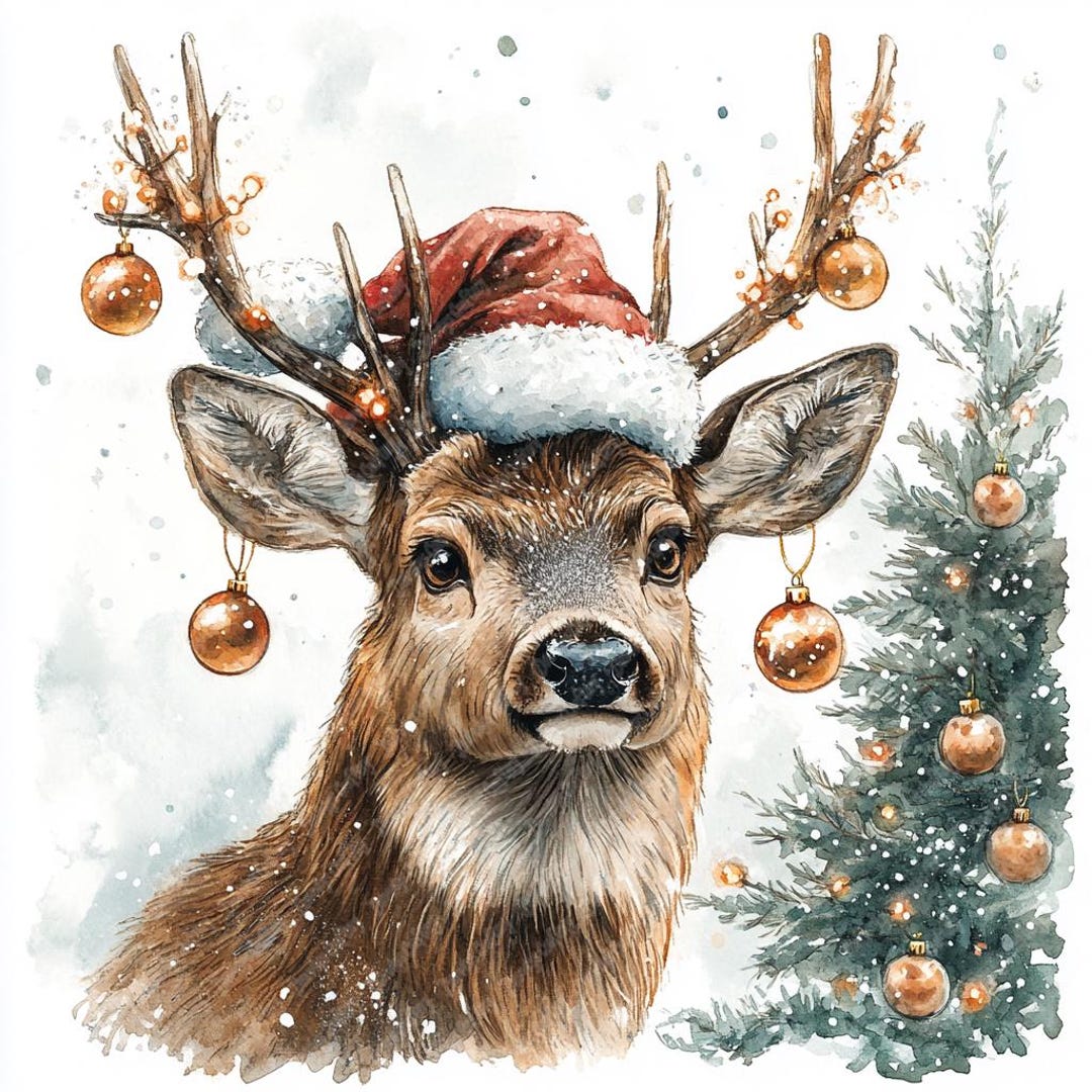 10 Christmas Deer Watercolor Clipart, Printable High Quality Watercolor ...