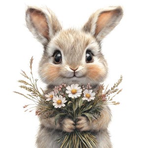 May include: A cute brown bunny rabbit holding a bouquet of white and pink flowers. The bunny has big brown eyes and a sweet expression.