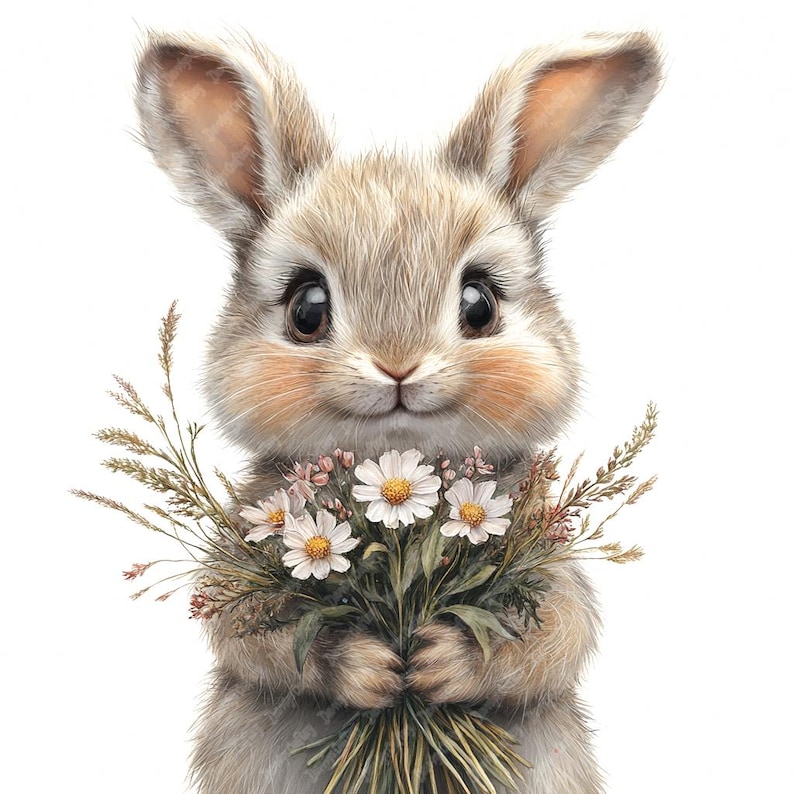 May include: A cute brown bunny rabbit holding a bouquet of white and pink flowers. The bunny has big brown eyes and a sweet expression.