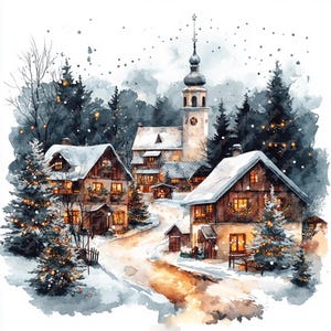 10 kleine stad kerst aquarel clipart bundel, afdrukbare hoge kwaliteit aquarel clipart jpg-afbeeldingen, digitale download afdrukbare clipart