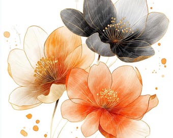 12 Orange and Black Flowers Watercolor Clipart, Printable High Quality Watercolor Flower Clipart JPG Images, Printable Clipart, Wall Art