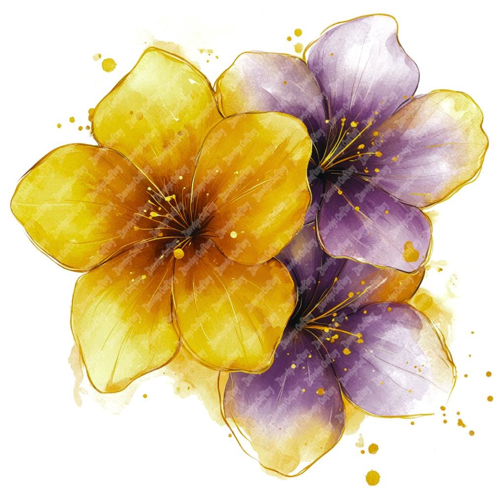 紫と黄色の花の油彩画 16 黄色と紫の花の水彩画クリップアート、印刷可能な高品質の水彩画の