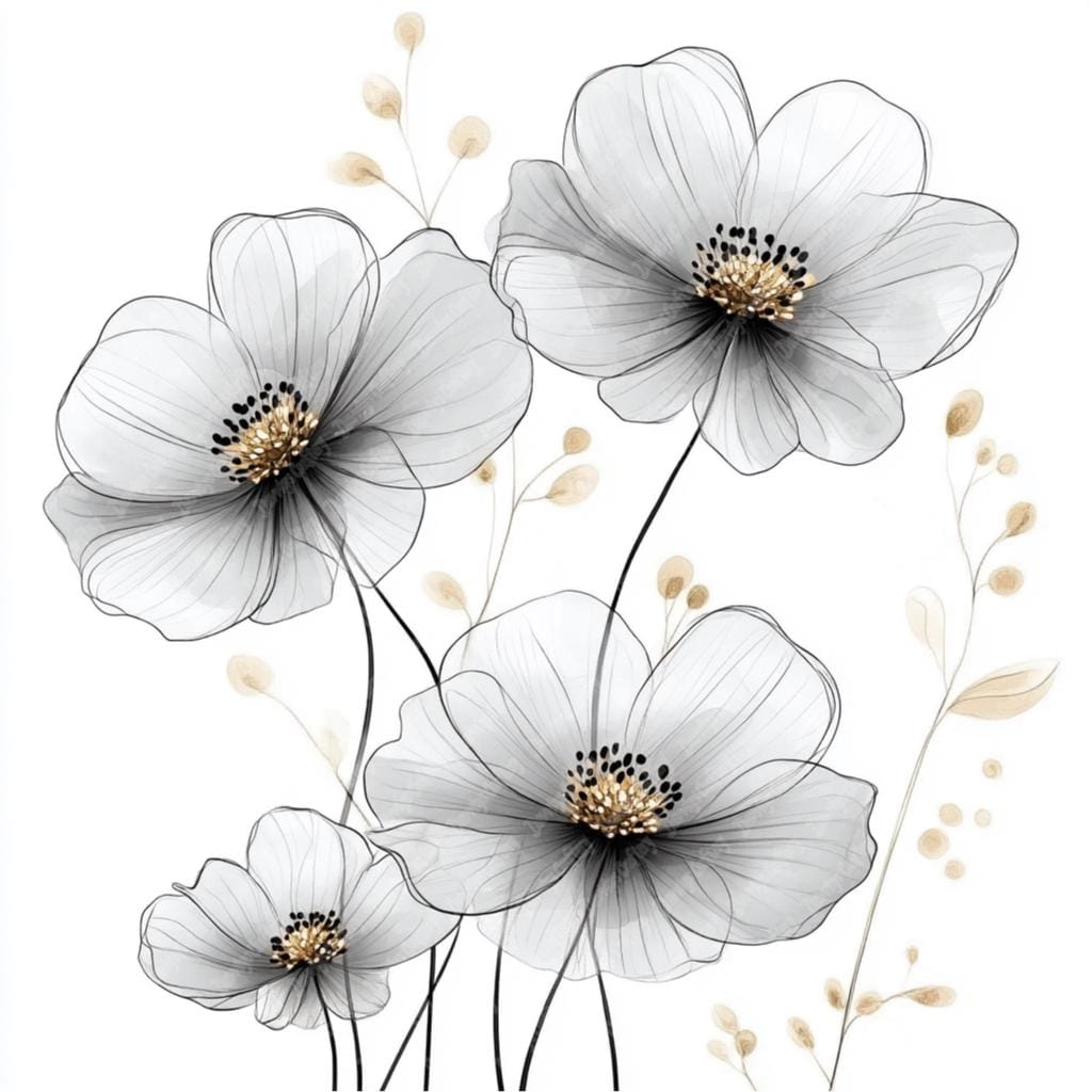 Grey and Gold Watercolor Flower Clipart, Floral Wall Decor