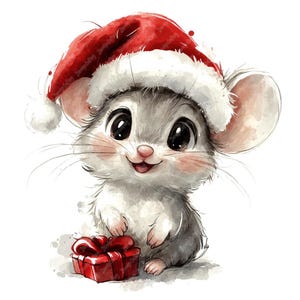 Pacote com 10 lindos clipart de camundongo de Natal em aquarela, imagens JPG de clipart de camundongo fofo em aquarela de alta qualidade para impressão, camundongos de cartão de Natal