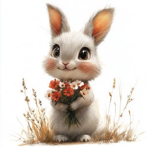 May include: A cute white bunny with pink cheeks holds a bouquet of red and white flowers. The bunny is standing in a field of tall grass.