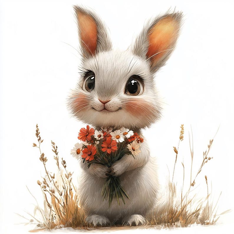 May include: A cute white bunny with pink cheeks holds a bouquet of red and white flowers. The bunny is standing in a field of tall grass.
