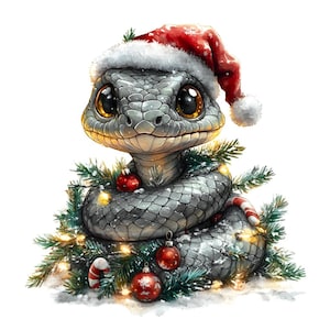 10 Clipart de aquarela de cobra de árvore de Natal prateada, imagens JPG de clipart de árvore de cobra de Natal de alta qualidade para impressão, cobra fofa como árvore de Natal
