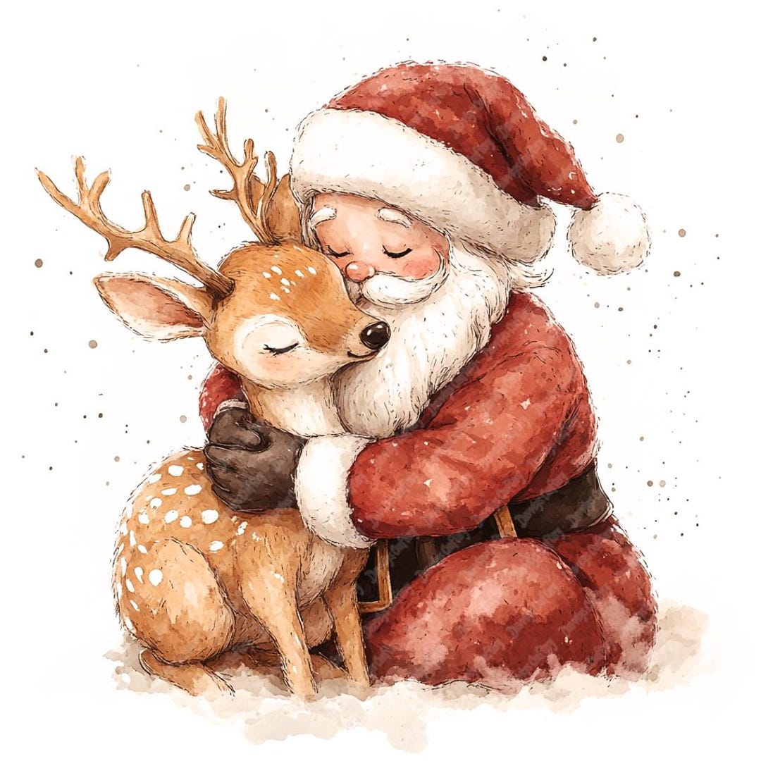 Baby Santa and Reindeer Watercolor Clipart (JPG) - Etsy