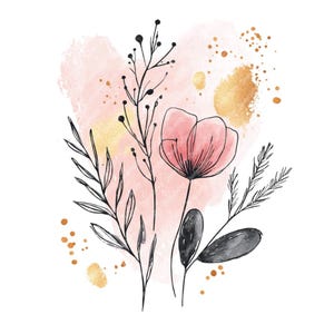 14 Boho Boho Flowers 1 Clipart de aquarela, Imagens JPG de clipart de aquarela de alta qualidade, Arte de parede boho minimalista para impressão, Arte floral