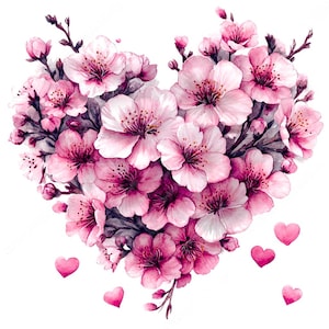 11 clipart de aquarela de coração de flor de cerejeira, para impressão de alta qualidade aquarela rosa sakura floral coração grinalda imagens JPG cartão de dia dos namorados