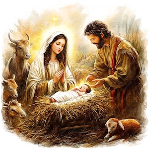 8 Christmas Nativity Scene Watercolor Clipart, Printable High Quality Baby Jesus Birth Watercolor Clipart JPG Images, Religious Christmas