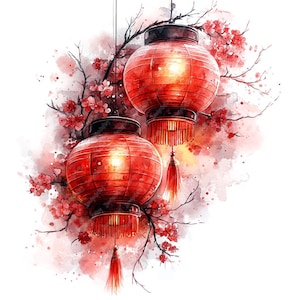10 Lanterne di carta cinesi rosse Clipart acquerello, Immagini JPG acquerello di alta qualità stampabili Festa delle lanterne del capodanno lunare Fiori di ciliegio