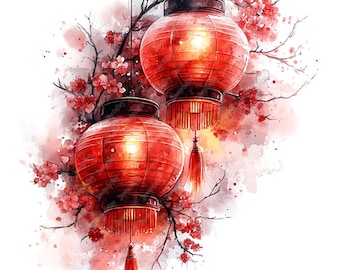May include: Two red Chinese lanterns hanging from a branch with pink blossoms. The lanterns are round and have a traditional design. The background is a watercolor wash of pink and white.