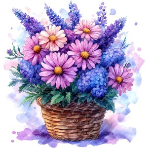 Watercolor Flower Basket Clipart: Spring Floral PNG Images (Digital Download)