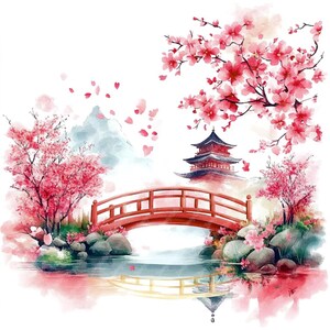以下が含まれることがあります： 池の上に赤い橋がかかり、背景に五重塔があり、桜の花が咲いている日本の庭園の風景を描いた水彩画です。