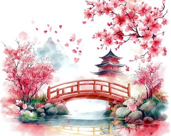 May include: A watercolor painting of a Japanese garden scene with a red bridge over a pond, a pagoda in the background, and cherry blossom trees in bloom.