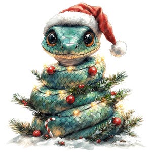 Pacote de 10 clipart de aquarela de cobra de árvore de Natal, imagens JPG de clipart de árvore de cobra de Natal de alta qualidade para impressão, cobra fofa como árvore de Natal