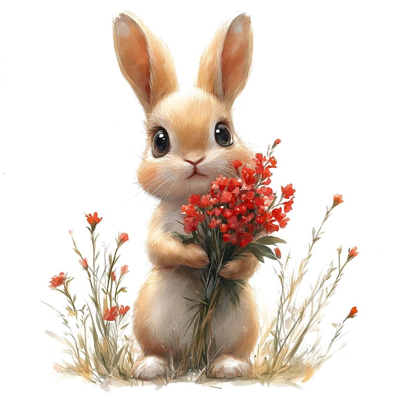 May include: A cute, light brown bunny rabbit holding a bouquet of red flowers. The bunny is standing in a field of green grass with small red flowers.