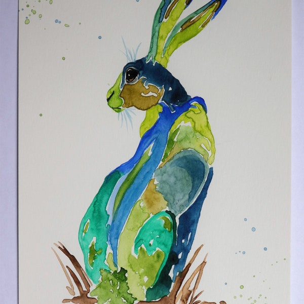 hare rabbit bunny watercolor painting 02 ooak original