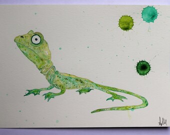 green gecko lizard watercolor painting ooak original