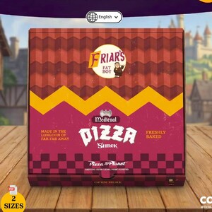Puede incluir: Una caja de pizza cuadrada de cartón con un patrón de cuadros rojos y marrones y una franja amarilla en zigzag. La caja muestra el texto Shrek's Medieval Pizza, Friar's Fat Boy y Made in the Longdon of Far Far Away en letras blancas y negras.