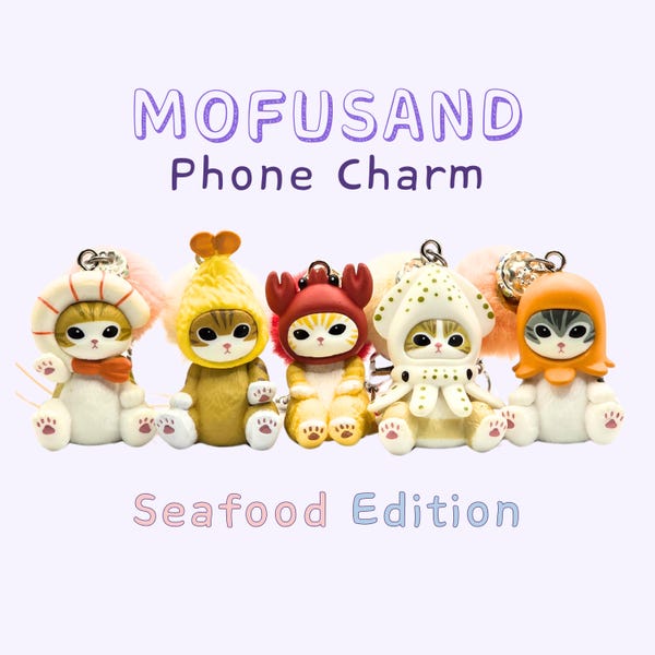 Mofusand Cat Phone Charm | Kawaii Seafood Pompom Keychain