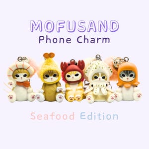 Mofusand Seafood Edition Handyanhänger | Pompom, Kawaii Katze Schlüsselanhänger, passend für Galaxy Z Flip + iPhone Max, Tier & Food Thema