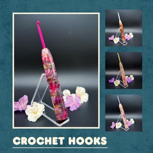 Agulhas de crochê ergonômicas florais | Agulha de crochê de resina | Agulha de crochê de flores secas | Agulha de crochê de trevo | Crochê personalizado | Pega confortável